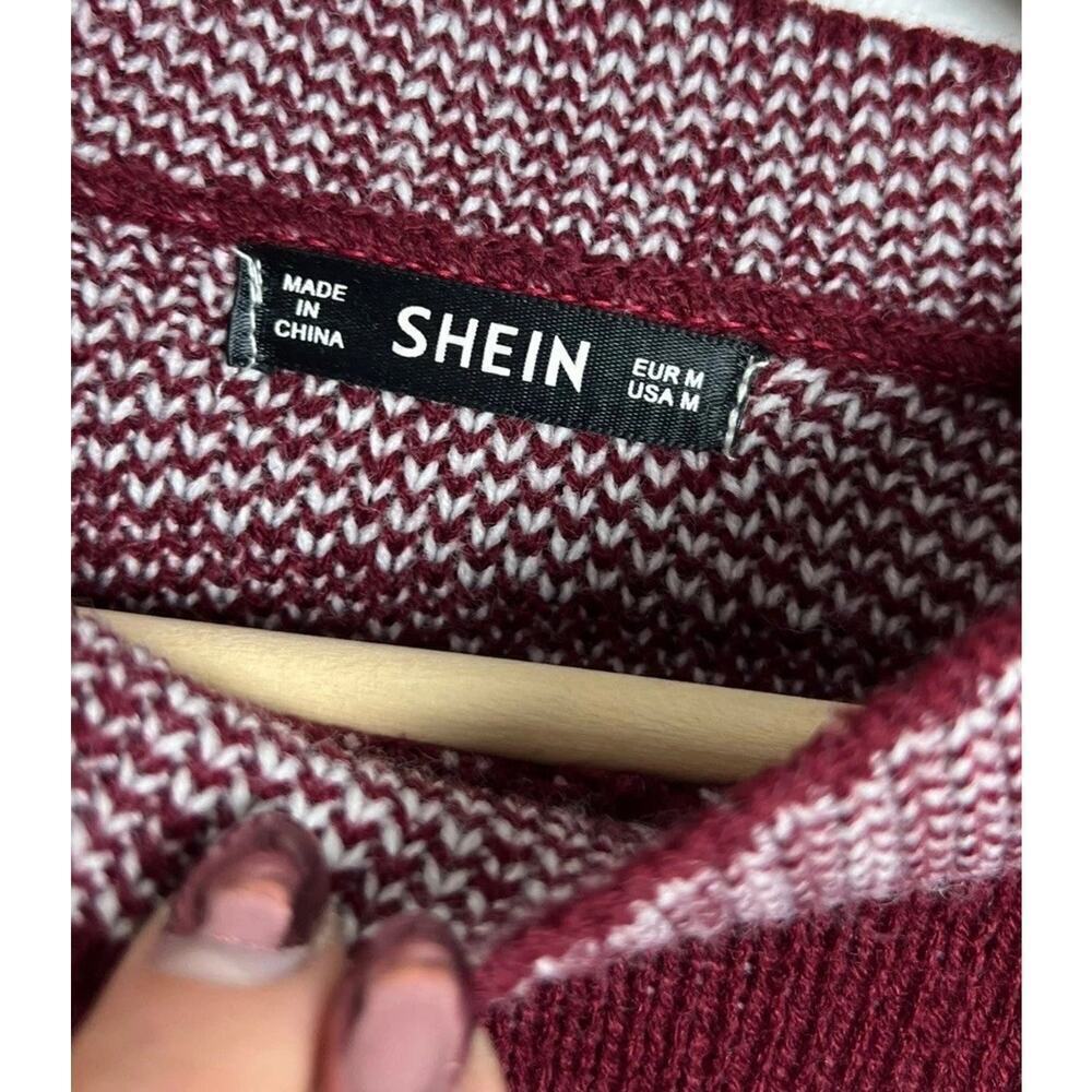 Shein Burgundy White Checkered Knit Sweater Size Medium Cropped Long Sleeve Wm’s - Picture 3 of 7